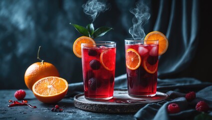 Cold Red Fruit Tea with an Orange and empty space for text with fresh fruit and steaming drinks.