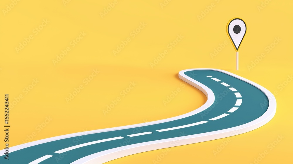 Poster curved road leading to a location marker on a bright yellow background symbolizing navigation and di