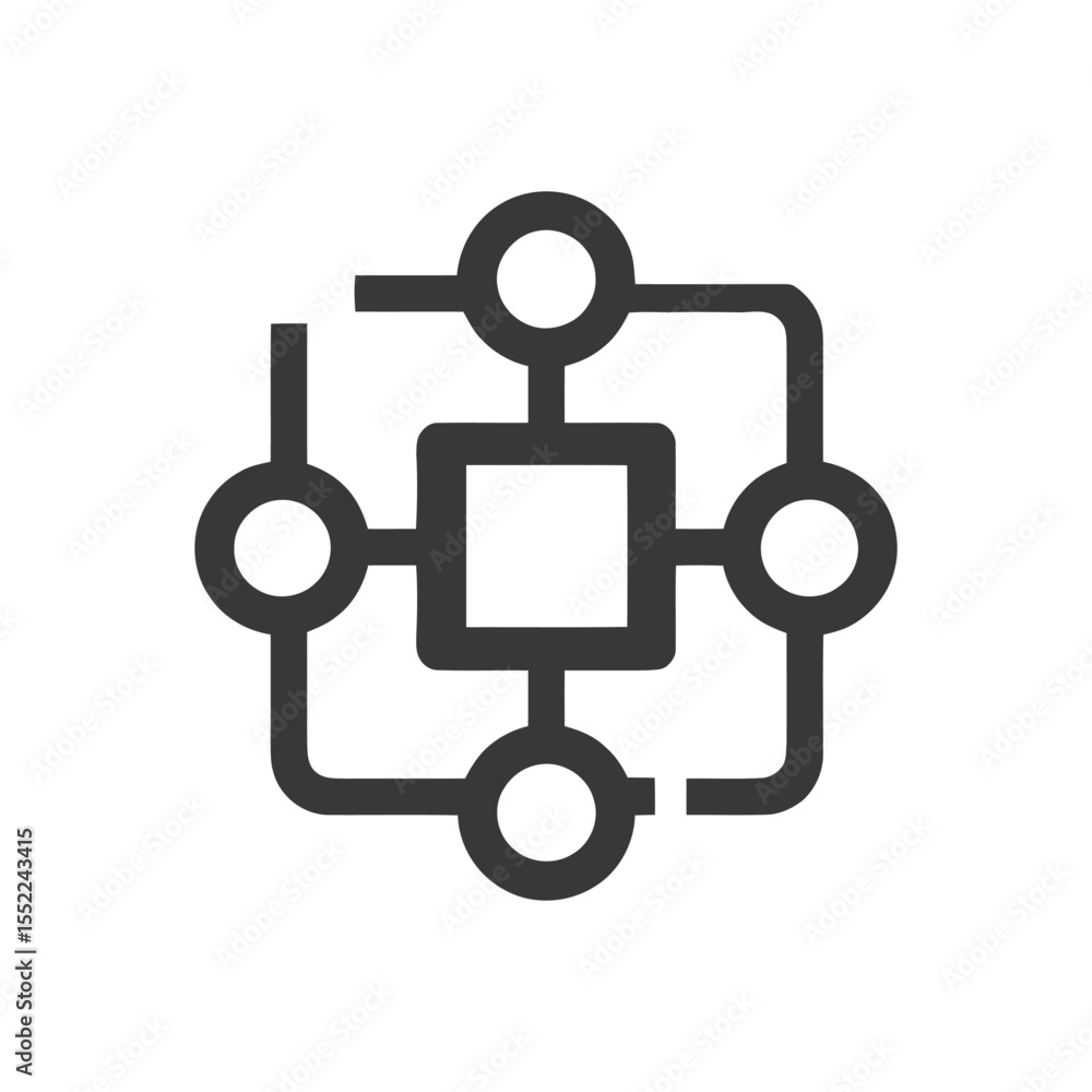 Poster interconnected network: square hub with circular nodes and links, minimalist design