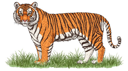 Obraz premium Illustrated tiger standing in grass looking forward