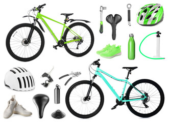 Bicycles, its parts and accessories on white background, collage