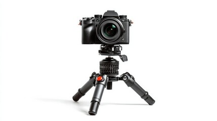 Photographerâ€™s gear featuring a modern camera on a tripod, isolated on white