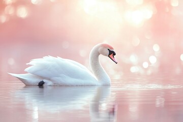 Fototapeta premium Elegant White Swan Floating on Calm Water, Soft Pink Background with Beautiful Bokeh Effect