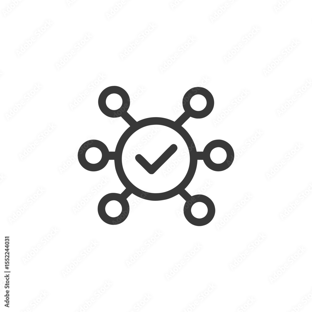 Poster connected checkmark: networked approval icon in minimalist style