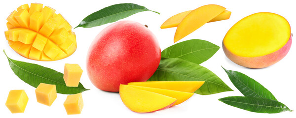 Tasty sweet mango fruits and green leaves on white background, collage