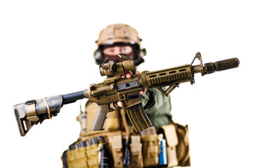 Close-up of armored person holding assault rifle in focus with isolated white background
