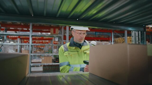 Caucasian male warehouse worker wearing safety jacket, hard hat and glasses scanning box with barcode reader on metal shelf in large storage facility with organized racks and packages.