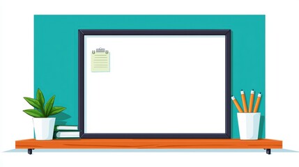 Modern Desk Setup with Blank Frame and Green Plant on Colorful Background for Creative Workspace Inspiration