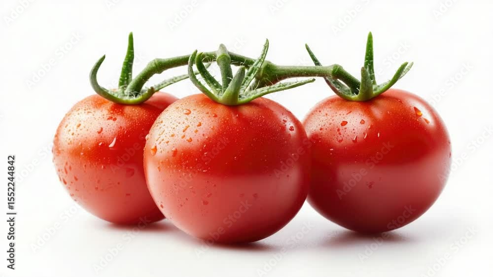 Poster Close-up of three tomatoes with water droplets on a white surface, ideal for food and beverage-related concepts