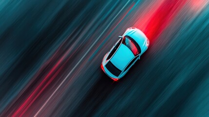 An aerial view of a sleek car speeding down a road, capturing the essence of speed and modern life through motion blur and vibrant lighting in an adrenaline-filled scene.