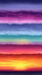 A surreal, colorful rainbow sky over a calm ocean, phone wallpaper