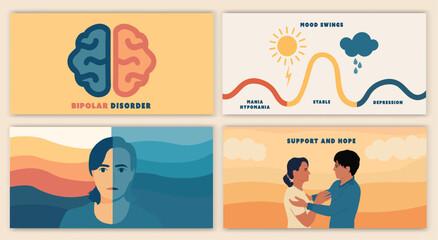 Bipolar disorder concept.Brochure with mood swings support hope and mental health infographic design