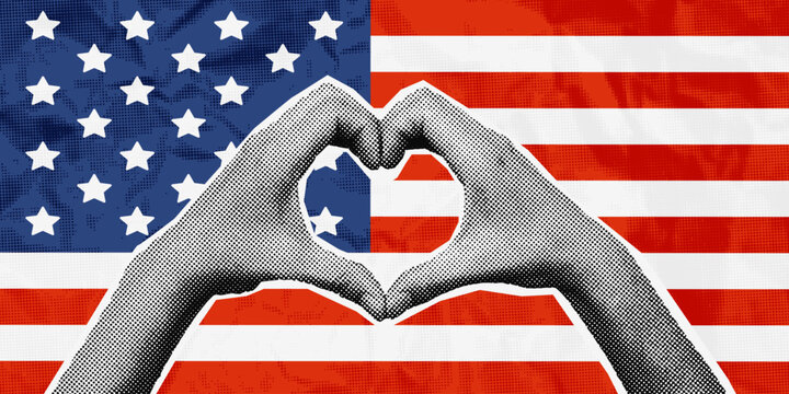 Halftone cut out of magazine hands making heart shape on American flag background. Collage banner template for 4th of July Independence day. Grunge modern retro mixed media vector illustration