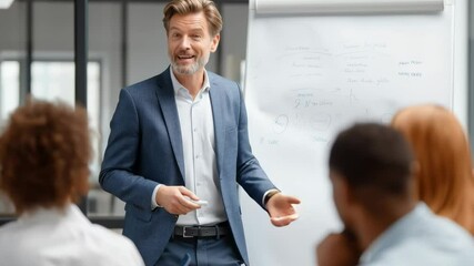 Confident businessman in a blue suit giving a presentation to a diverse team in a modern office, standing beside a whiteboard with diagrams. - Powered by Adobe