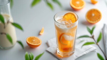 Fototapeta premium Top view Thai orange tea with ice in thick glass, traditional drink popular in cafes, with creamy milk latte side view, isolated on white background, with empty space for text