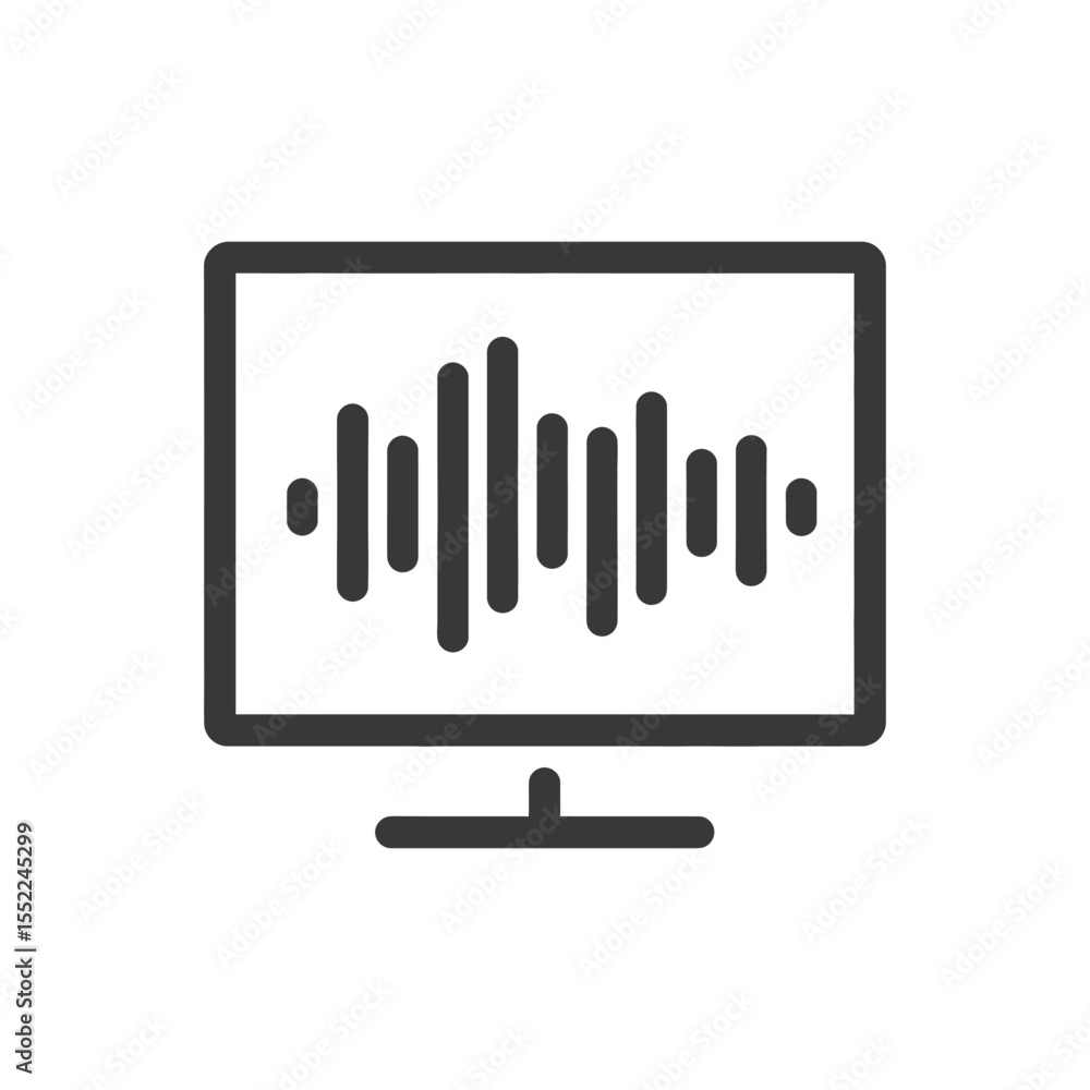 Poster audio waveform displayed on a computer monitor icon, dark gray on white