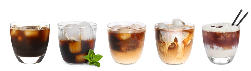 Different cold coffee drinks isolated on white, set