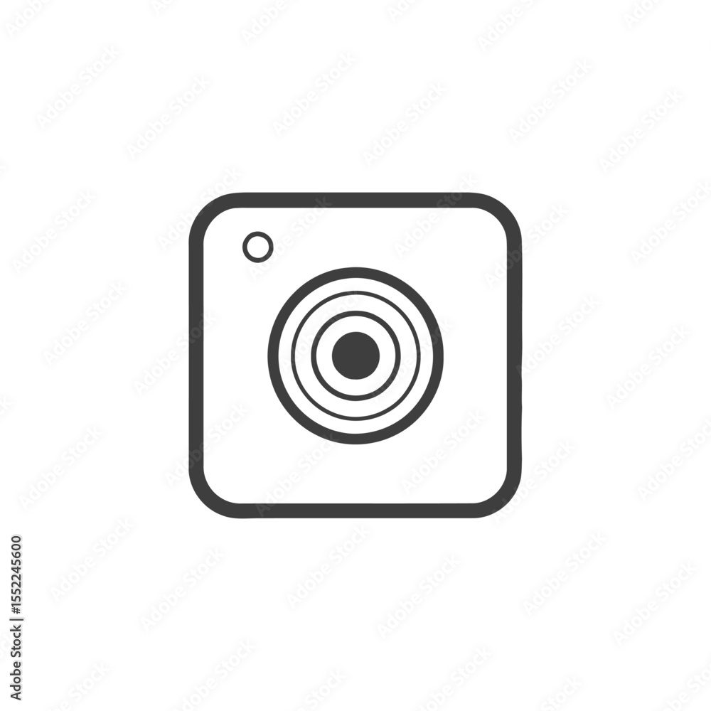 Poster minimalist camera icon: rounded square with concentric circles and flash