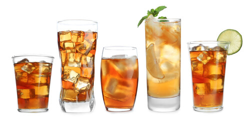Iced tea in glasses isolated on white, set
