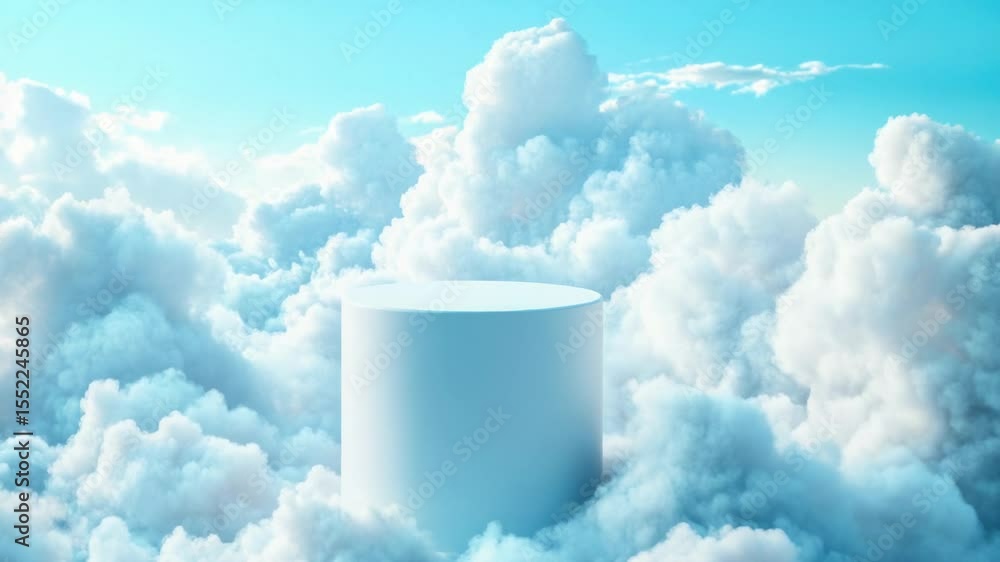 Poster a white object floating in a cloud-filled sky, perfect for use as a background or symbol