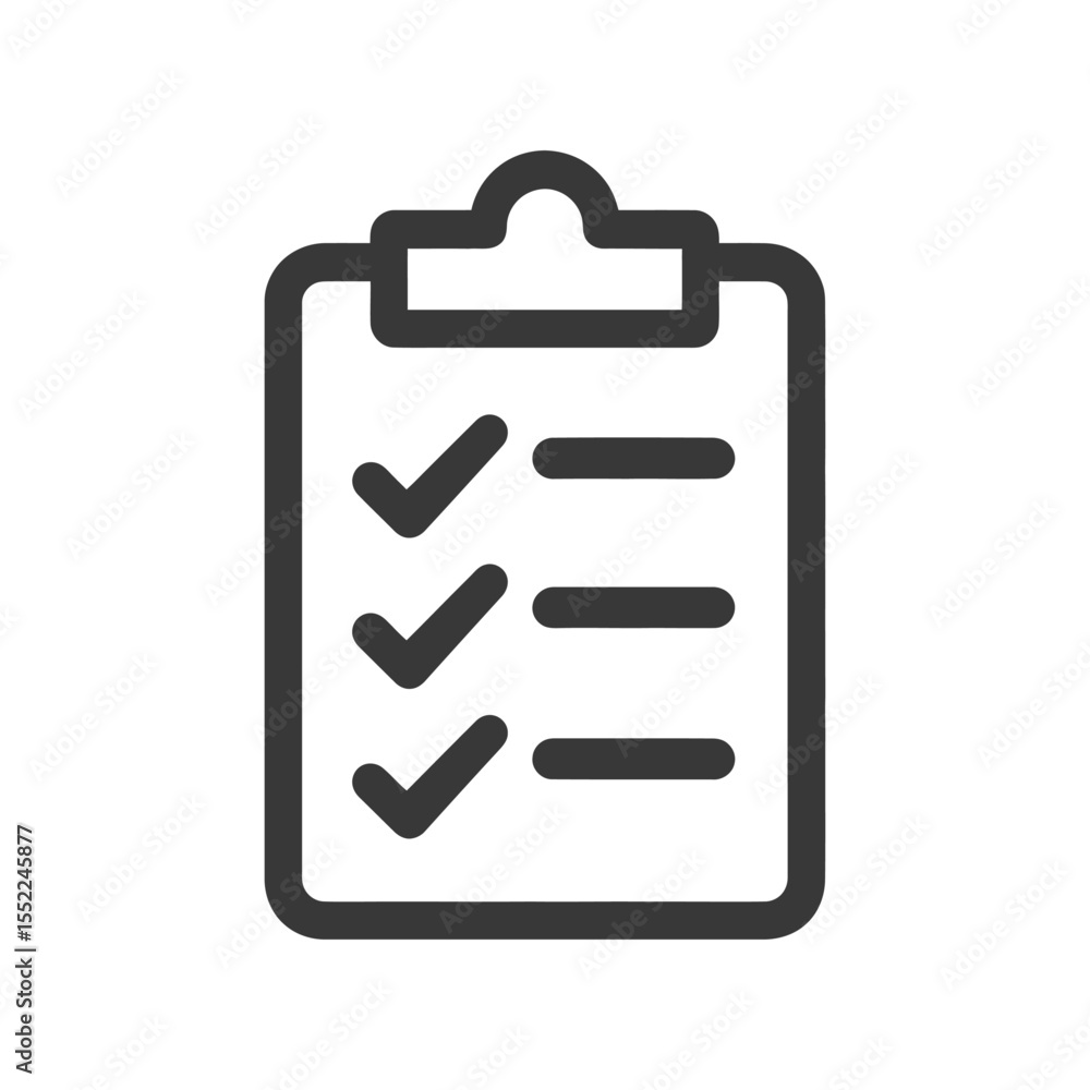 Aufkleber minimalist checklist icon: dark gray clipboard with checkmarks and lines on white background