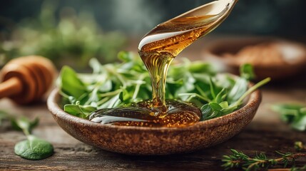 Wooden spoon pouring honey on fresh herbs in bowl
