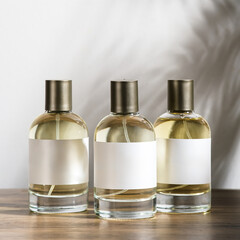 Three clear glass perfume bottles with golden caps and blank white labels are neatly arranged on a...