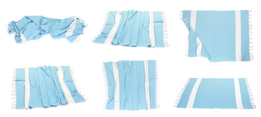 Light blue beach towel on white background, collage
