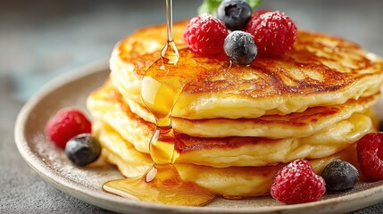 Pouring maple syrup on stack of pancakes with fresh berries for breakfast