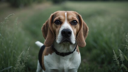 Dog Beagle on lush green meadow path