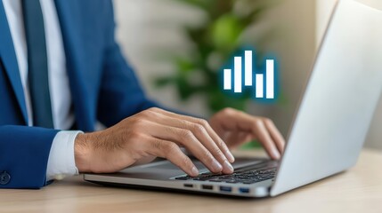 Business professional working on laptop computer in modern office environment with analytics and data visualization concept