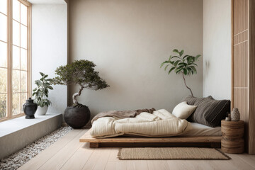 Japandi style bedroom with low wooden bed and minimalist decor
