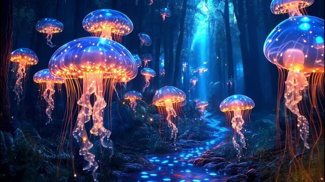 Glowing jellyfish floating in a magical forest world full of light. 