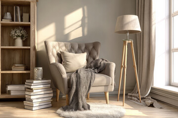 Reading nook with armchair, floor lamp and stack of books in cozy room