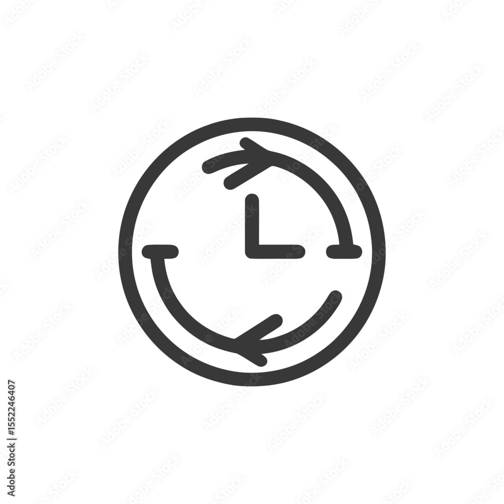 Poster time loop icon: circular arrows rotating around clock face, black and white