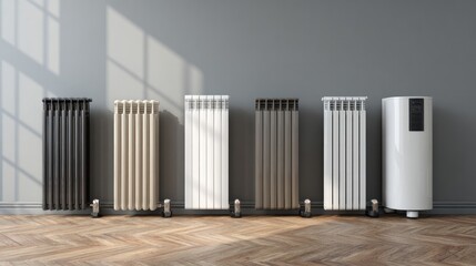 Obraz premium Various modern electric heaters arranged on the floor in a room
