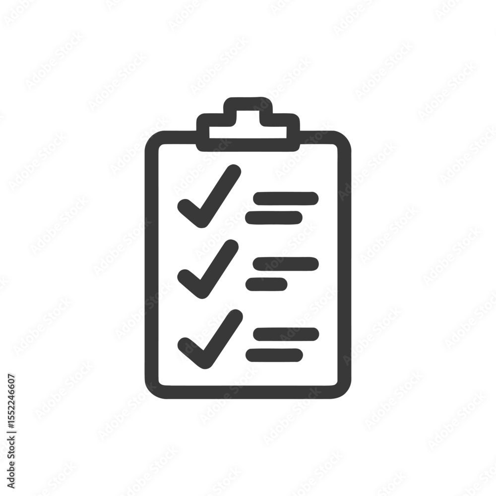 Poster completed checklist icon: dark gray clipboard with checkmarks and lines on white background