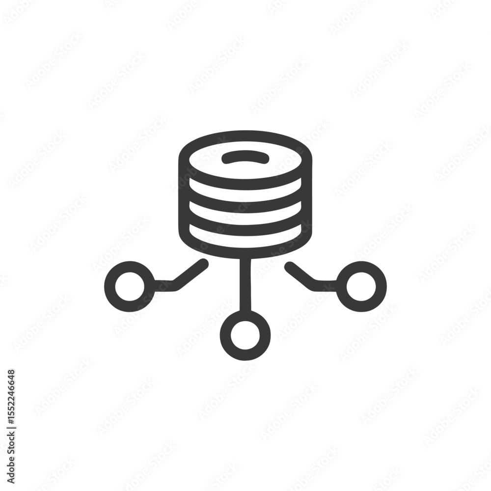 Poster database network icon: centralized data distribution, minimalist design