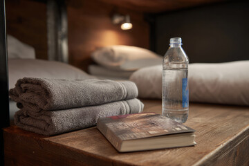 Hostel bed with clean towels, book and bottled water