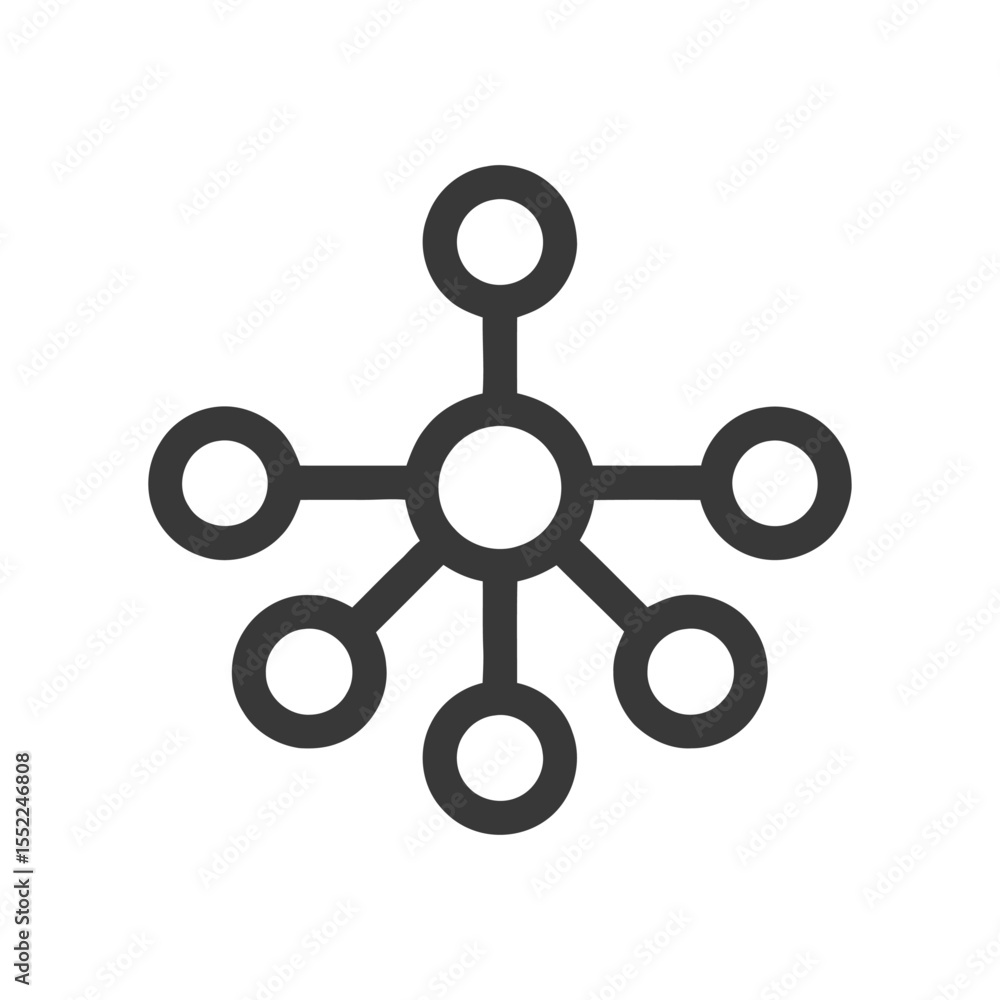 Poster minimalist network icon: central node with connected circles in dark gray