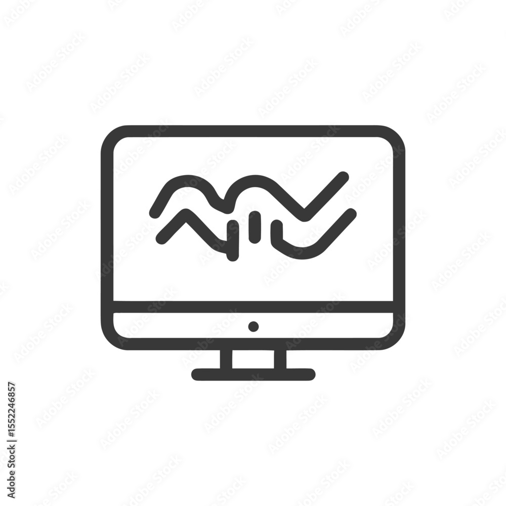 Poster monitor displaying oscillating waveform, dark line art on white background