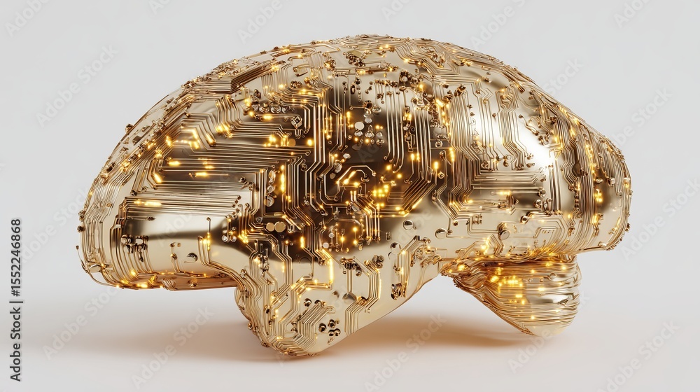 Poster golden brain circuit board abstract technology digital art 3d render futuristic artificial intellige