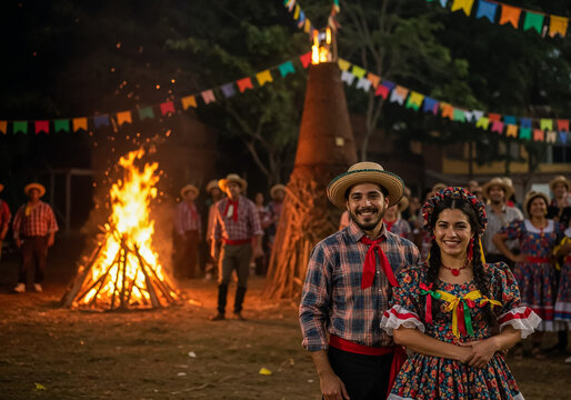 Couple Celebrating Festa Junina Around a Large Bonfire at Night