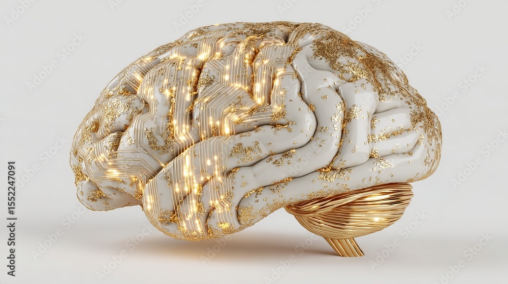 Poster golden brain circuitry abstract neural network artificial intelligence technology digital art futuri