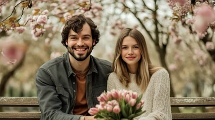 A young Caucasian couple sits on a bench in a blooming garden. They smile while holding a bouquet of pink tulips. Cherry blossom trees surround them. - Powered by Adobe