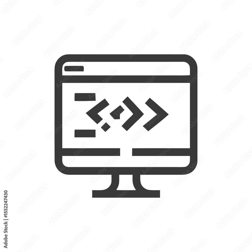 Poster minimalist computer icon displaying code snippet, dark gray outline on white