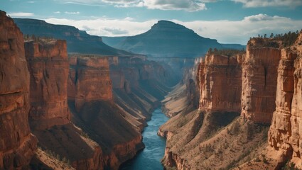 A canyon with a mountain in the background. High quality photo