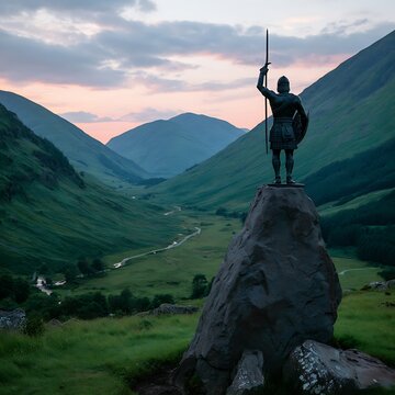Highland warrior statue overlooking valley at sunset