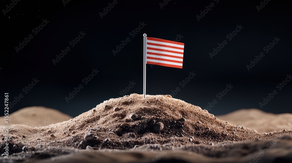 Poster small red and white flag on a moon-like terrain with dark background symbolizing exploration and dis