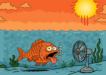 A sweating fish in the Atlantic, a surreal illustration, yet a real warning. Our oceans are heating up. Marine life is in distress. Time is running out.
